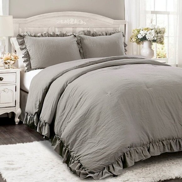NWT Ruffle Duvet Cover Set King 3 PCs 100% Washed Cotton Gray Solid Bedding - Picture 1 of 8